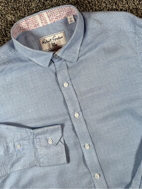 Robert Graham Men's Large Light Blue Cotton Linen Button Down Shirt Woven